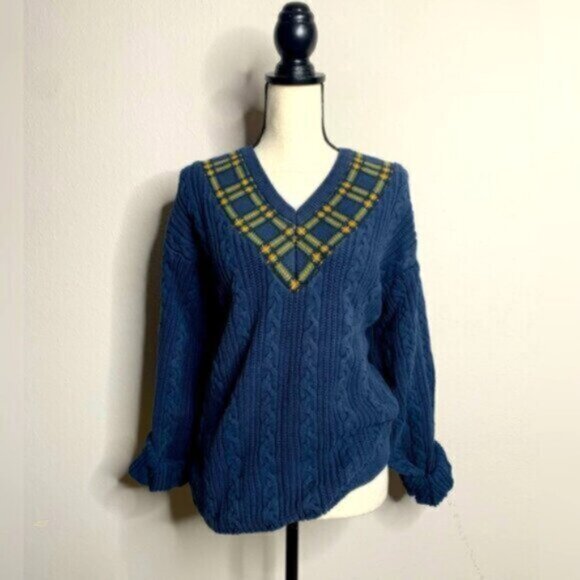 Dockers Vintage Navy Blue Cable Knit Plaid V-Neck Accent Oversized Sweater - Picture 5 of 15